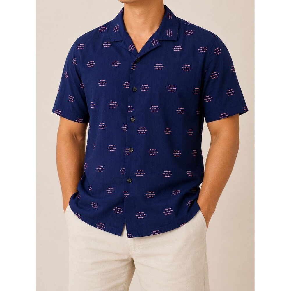 Katin Men's XL Navy Pink Wave Print Camp Collar Button Up Shirt 100% Cotton